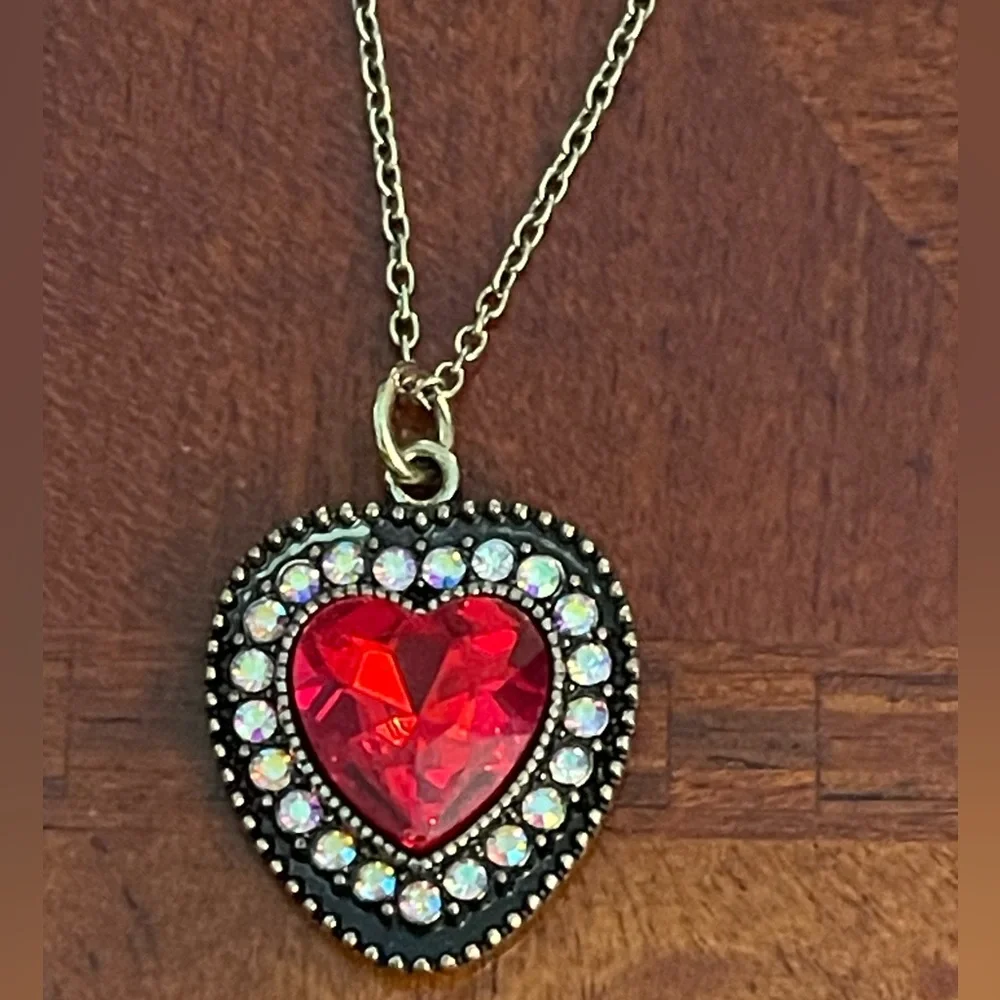 Red Heart Rhinestone Heart Iridescent Antique Gold Boho Valentine’s Day Necklace - Picture 2 of 10